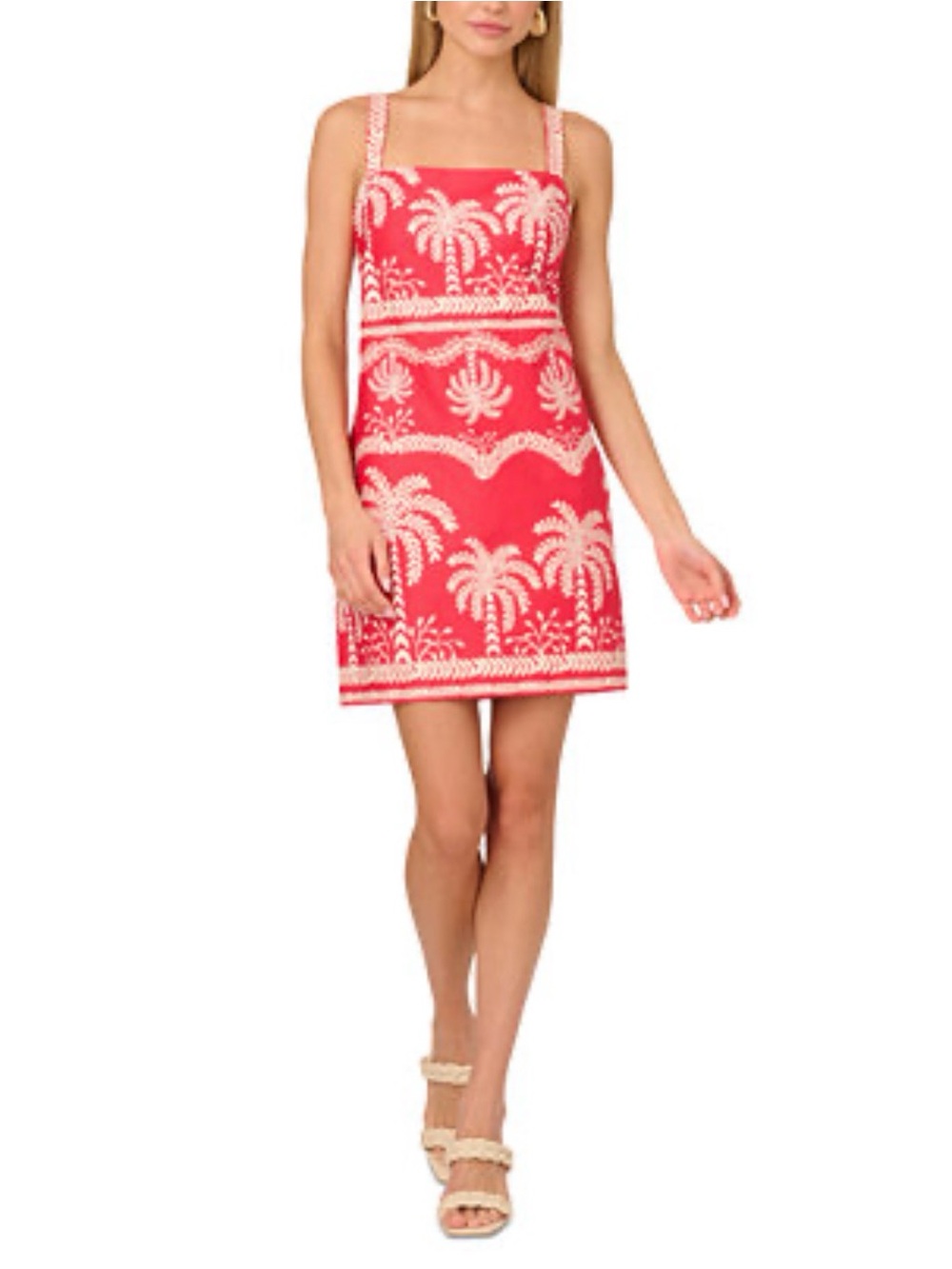 Adrianna by Adrianna Papell Palm Print Shift Lined Dress Red Ivory 12